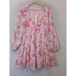 Thirty Thirty LA Pink Floral Tiered Mini Dress V-Neck Long Sleeve‎ Small
